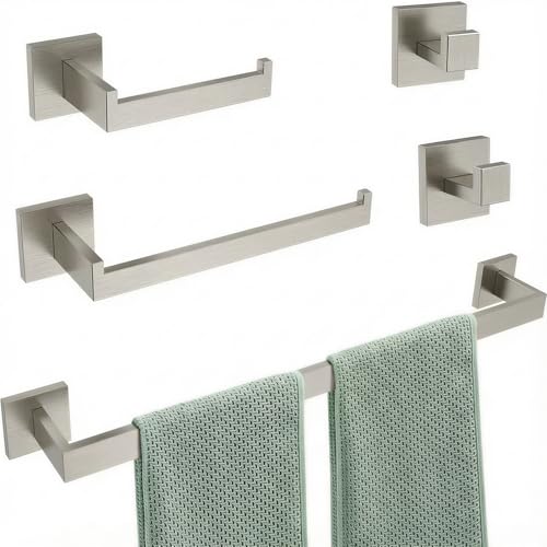 5-Piece Brushed Nickel Bathroom Hardware Set, Wall Mounted Thickened 304 Stainless Steel Towel...