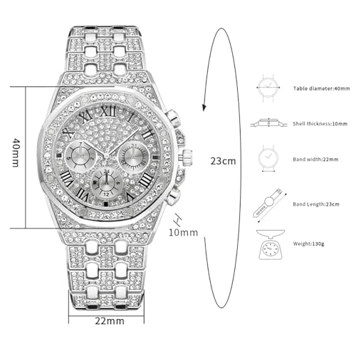 Apzzic Iced Out Watch Diamond Gold Plated CZ 40mm Width Roman Numerals Dial Quartz Wristband Watch for Men Women Silver by Apzzic - Used condition - Image 3