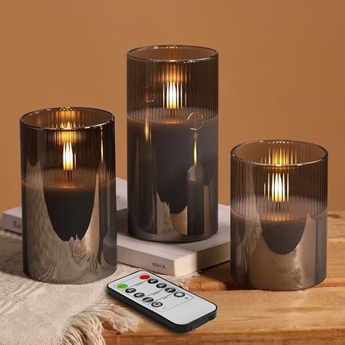 Eywamage Gray Ribbed Glass Flameless Pillar Candles with Remote Set of 3