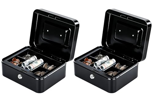 KYODOLED Metal Cash Box with Key Lock & Money Tray - Secure Safe for Home, Office & Events, Ideal for Cash, Meds & Small Items, 7.87" x 6.30" x 3.35", Black, 2PACK