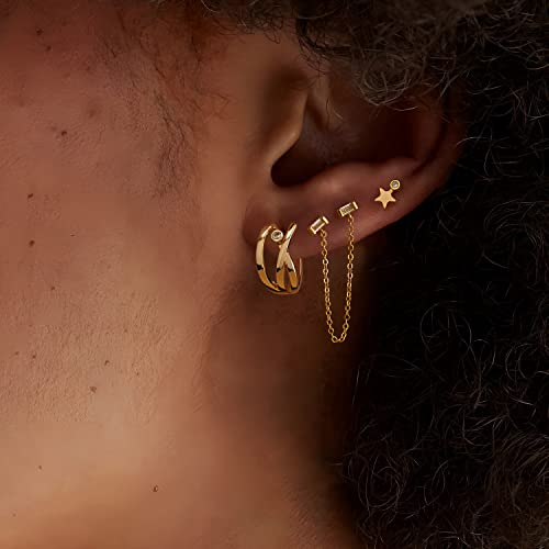 MYEARS Women Double Piercing Earrings Gold Stud Baguette Chain Ear Connected Cubic Zirconia 14K Small Simple Hypoallergenic Everyday Geometric Jewelry by MYEARS - Image 6
