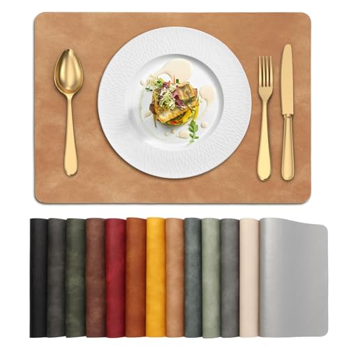 UnivoColors Placemats,Heat Resistant Placemats Set of 8 Washable 12 x 17 Inch,Waterproof Table Mats,Wipeable Pu Place Mats for Kitchen,Dining Room.Camel