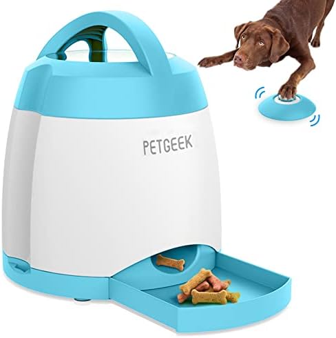 PETGEEK Automatic Treat Dispensing Dog Toys, Dog Treat Dispenser with Dog Button Remote Control, Electronic Dual Power Supply Cat Dog Puzzle Toys for L/M/S Dogs Safe ABS Material, Blue Color
