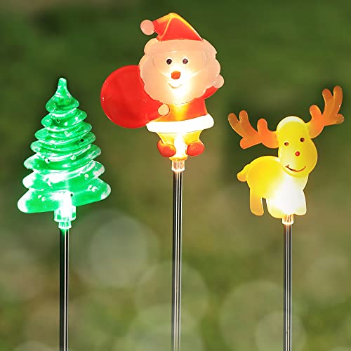 Maggift 3 Pack Solar Christmas Garden Stake Lights, Solar Powered Santa Claus, X-Mas Tree & Reindeer Outdoor Decorative Lights, Warm White Led Landscape Lighting, Waterproof For Patio Yard Decorations #TOP5