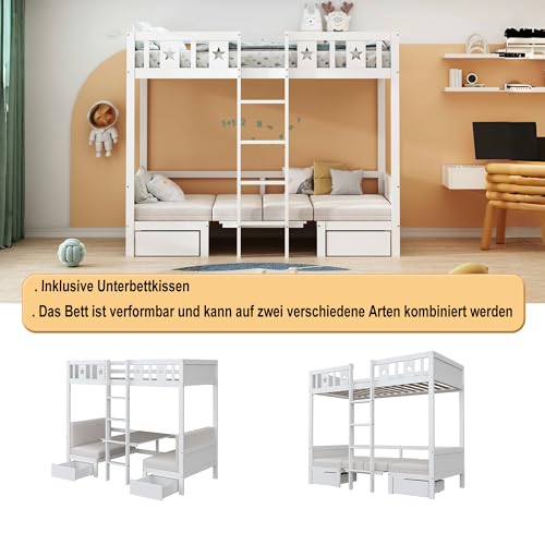 Platzsparendes Etagenbett für Kinder, Hochbett mit Flexibler Tisch und Holzsofa, Kinderbett mit Treppe und 2 Schubladen, 90x200cm Funktionsbett Stockbett Hochbett Jugendhochbett, Weiß, Ohne Matratze