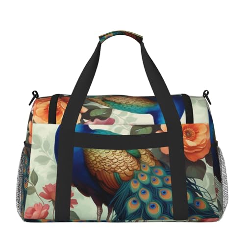Peacock Floral Print Travel Duffle Bag - Foldable Personal Item Travel Bag for Women & Men,Carry-On Convertible Crossbody Tote Bags with Adjustable Shoulder Strap & Pockets 13x10.2x19.7 in2