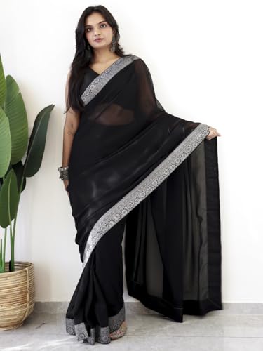 Image of AKHILAM Women's Georgette Solid Ready To Wear one Minute Saree With Unstitched Blouse Piece