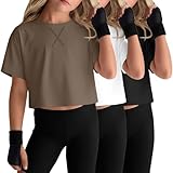 Oakgarden 3 Pack Girls' Loose Athletic Shirts Teen Short Sleeve Crop Tops Kids Summer Cute Oversized Workout Basic Tee 5-14 Y(Army Green, Beige, Khaki,13-14 Years)