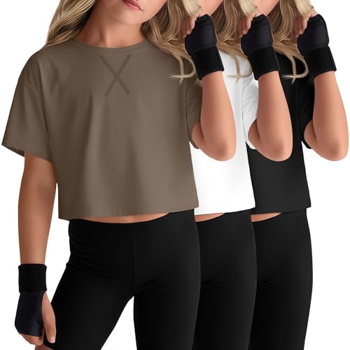 Oakgarden 3 Pack Girls' Loose Athletic Shirts Teen Short Sleeve Crop Tops Kids Summer Cute Oversized Workout Basic Tee 5-14 Y(Army Green, Beige, Khaki,13-14 Years)