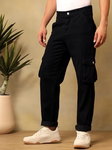 Image of KOTTY Mens Solid|Mid Rise| Utility Pocket|Button|Ankle Length Cargo Jeans