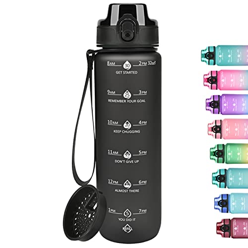 GOSWAG 32oz Motivational Water Bottles with Time Marker & Fruit Strainer, Sports Water Bottle with Times to Drink, Leakproof & BPA Free, Reusable Plastic Bottle with Strap no Straw for Gym & School