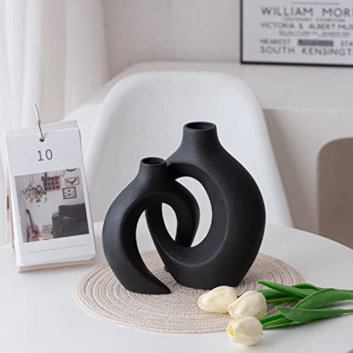 Liotww Black Vases Home Decor Set Of 2, Ceramic Black Small Flower Vase, Minimalist Boho Decorative Modern Donut Vase For Farmhouse Living Dining Room Office Entryway Bookshelf Coffee Table Décor #TOP7