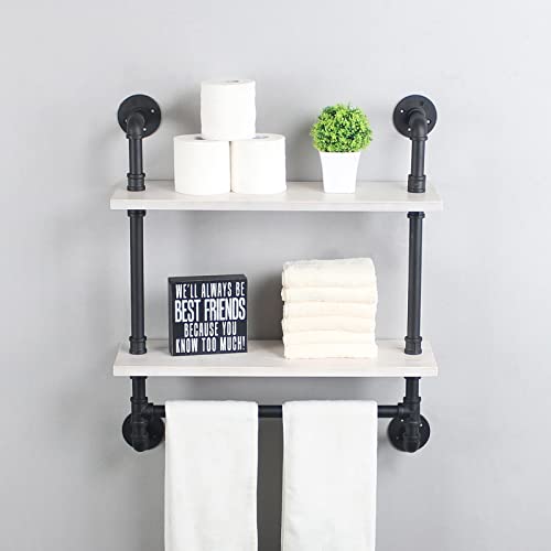 MBQQ Iron Pipe Shelves Industrial Bathroom Shelves with Towel bar,24in Rustic Metal Pipe Floating Shelves Pipe Wall Shelf,2 Tier Industrial Shelf Wall Mounted,Black & White by MBQQ - Image 2