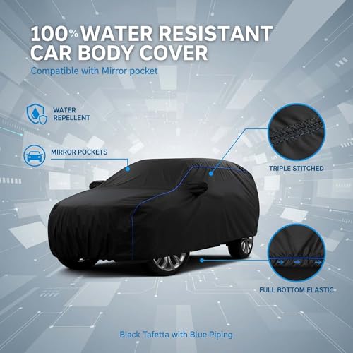 Image of Sulfar 100% Water Resistant Car Body Cover Compatible with Mirror for Jeep Grand Cherokee (Triple Stitched, Full Bottom Elastic, Black Tafetta with Blue Piping)