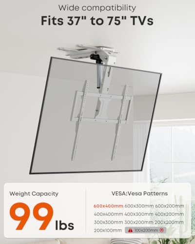 Image of Motorized Ceiling TV Mount with Remote for 37-75'' TVs, Flip Down, White | Sapcing Saving, Include VESA Extender, Fits Flat and Pitched Roof, Electric, Drop Down, Max VESA 600x400 mm, Max holds 99lbs