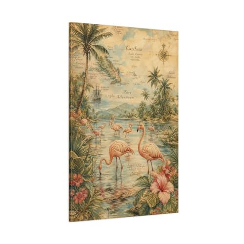Toile flamants roses style atlas vintage 80x120 cm pour décoration de salon