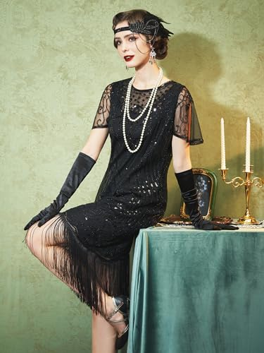 SWEETV Vestido feminino melindrosa anos 20, gola de renda, ótimo vestido com franjas Gatsby com mang