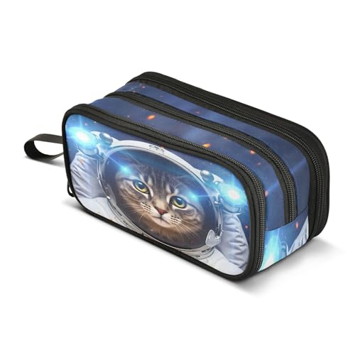 Image of Cat Astronaut Pencil Case Box Boys Girls Large Pencil Pouch with Zipper Compartments Big Capacity Stationery Pen Bag Organizer for Kids Teens Adults School Office