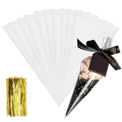 MAHIONG 500 bolsas de cono de dulces con lazos, bolsas transparentes de 13 x 25 cm, bolsas vacías de celofán para fiestas, cumpleaños y eventos, perfectas para dulces, chocolates y recuerdos de fiesta