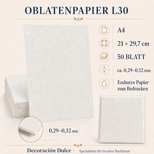 Foto von Bramacartuchos L3 Essbares Oblatenpapier, A4, Weiß, Dicke ca. 0,3 mm, 50 Blatt (Reispapier)