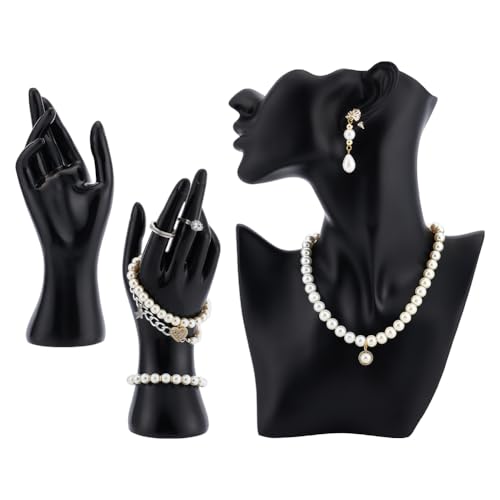 UNICRAFTALE 3 ensemble Bijoux Présentoir de Buste en Résine Noir Support de Buste Modèle de Corps Latéral Buste Présentoirs de Colliers Bijoux avec Mannequin Plastique Présentoir de Bracelet Bague