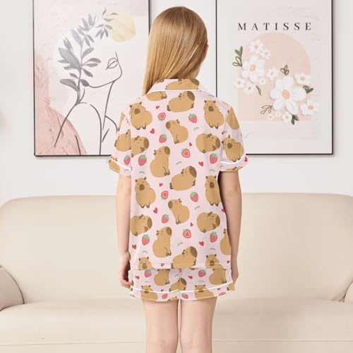 Cute Capybara and Strawberry Summer Satin Pajama Set, Cute Button-Down Sleepwear Pj Set for Sleep Wears4
