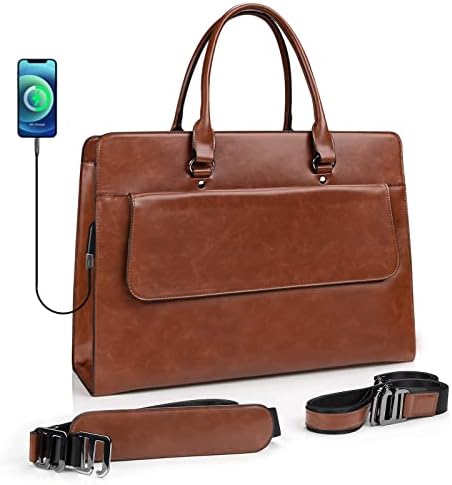 Laptop Bag for Women, 15.6 Inch Laptop Tote Bag, Computer Shoulder Bag, Waterproof Leather Teacher Handbag with USB,Large Capacity Crossbody Bag Business Office Briefcase, Brown