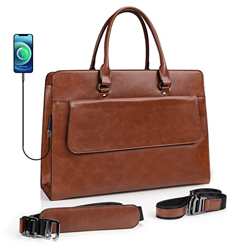 Laptop Bag For Women, 15.6 Inch Laptop Tote Bag, Computer Shoulder Bag, Waterproof Leather Teacher Handbag With Usb,Large Capacity Crossbody Bag Business Office Briefcase, Brown #TOP2