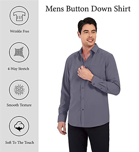 WARHORSEE Mens Dress Shirts Long Sleeve Performance 4-Way Stretch Wrinkle Free Casual Button Down Shirt,Grey,L