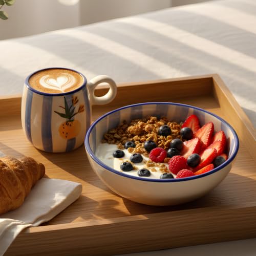 Image of Ceramic Breakfast Set | Bowl & Coffee Mug Combo | Cute Aesthetic Tableware Set for Breakfast, Snacks & Beverages | Microwave & Dishwasher Safe (Blue Stripe)