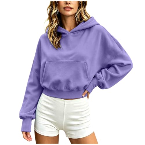 Yubenhong hoodies for women Women Fall And Winter Fashion Short Hooded Pocket Pullover Loose Fit Sweatshirt With Drop Shoulder Sleeves (Purple, L)
