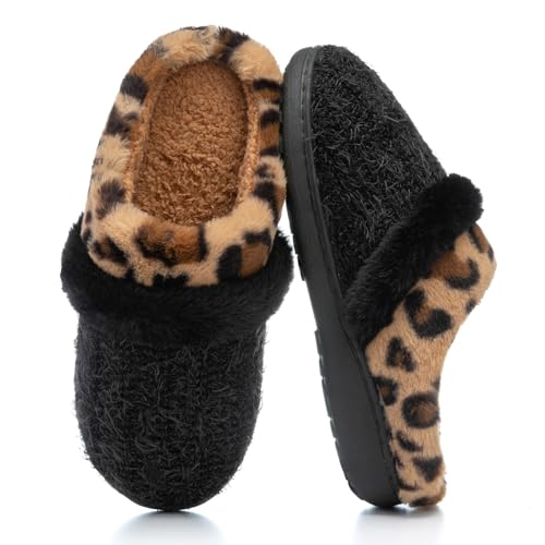 GOEWY Fuzzy Slippers for Women Indoor and Outdoor Leopard Print Plush with Memory Foam Anti-Skid Sole Cozy House Slipper Soft Bedroom Shoes Slip On Gifts for Women Mom Her Ladies