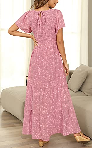 Image of Kranda Women 2025 Summer Fall Crewneck Short Sleeve Smocked Floral Maxi Dress