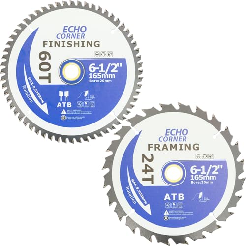 Echo Corner 165mm Circular Saw Blades Combo Pack, 24/60-Tooth, 20mm/16mm Bore, Accessories for 165x20 165x16 Corded/Cordless Handheld Circular Saw, 165mm Plunge Track Saw
