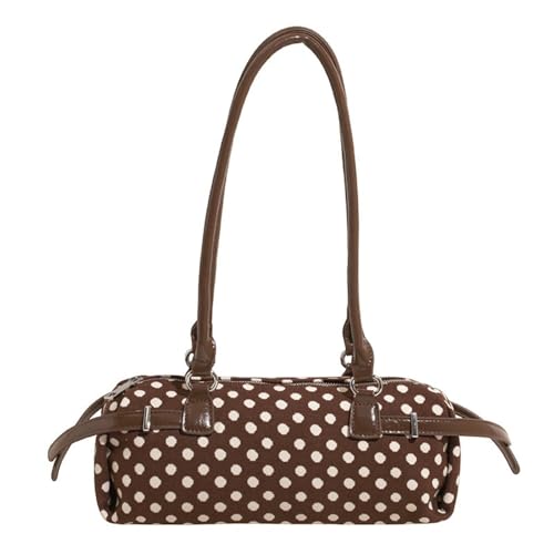 Polka Dot Purse Small Canvas Shoulder Bag for Women PU Strap Barrel Handbag Y2K Crossbody for Daily and Casual Outfits (Coffee)