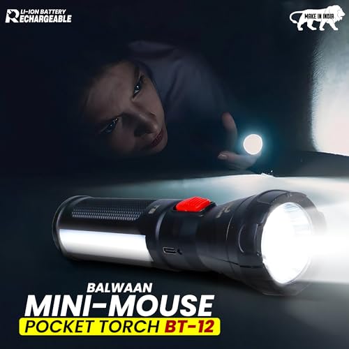 Image of Balwaan Krishi Rechargeable LED Search Light Torch | Handheld Flashlight Torch 1200mAh Battery, 1W SMD LED, Type-C Charging, 3-4 Hours Runtime, for Trekking, Agricultural & Outdoor Activities | BT-12