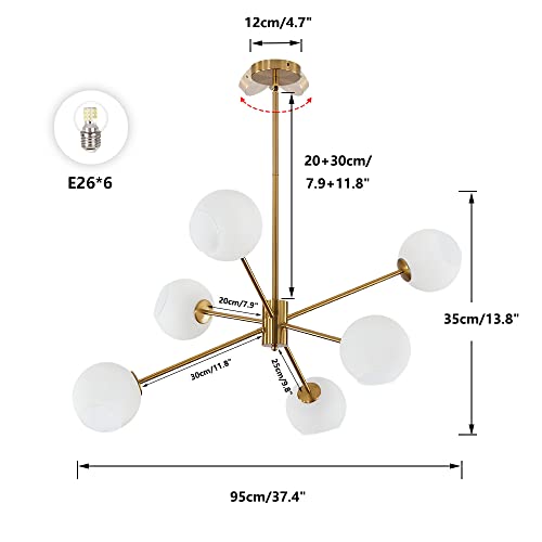 Bokt Mid Century Modern 6-Lights Sputnik Chandelier Brushed Brass Chandelier Large Globe Flush Mount Ceiling Light Gold Milk Glass Ball Round Chandelier Kitchen Island Lighting Fixture #TOP1