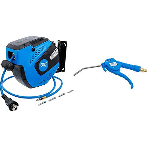 BGS 3297 | Druckluftschlauch mit Aufroller | automatisch | 10 m + 1,5 m Zuleitung | 180° schenkbar & 3208 | Druckluft-Ausblaspistole | 100 mm | Drukluftpistole | Griff aus blauem Nylon-Fiberglas