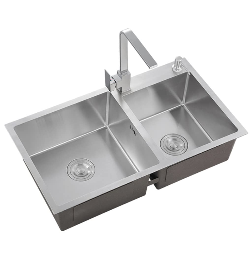 WIQUYBML Kitchen Sink, With Faucet Silver 304 Stainless Steel Bar Double ​Bowl ​Prep Drop-In Or Undermount Installation, Easy To Clean (Color : Silver~A, Size 72x40cm)