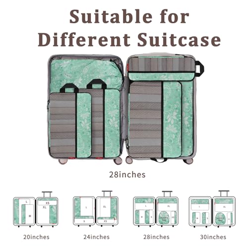U+U 6 Set Compression Packing Cubes - Ultralight Travel Organizers with Laundry Bag, Space-Saving Suitcase Organizer, Expandable Packing Cubes for Travel, Business Trip and Vacation (Green Paisley) — view 6