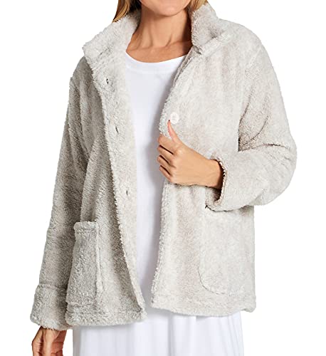 LA CERA Women's Fleece Bed Jacket - 100% Polyester, Collared Button Front, Long Sleeves, Front Pockets, Solid Pattern