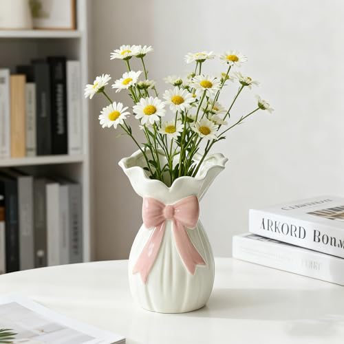 LUUDYOTU Coquette Pink Ceramic Bow Vase Flower vase with Bow for Roses Tulips Artificial Flowers Cute Decor for Bathrooms Dressers Windowsills Home Christmas C(1pcs)