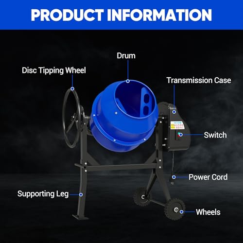 Dkenicor 5.3 Cu.Ft. Concrete Mixer Machine, 750W 1HP Electric Cement Mixer Machine with Wheel and Stand, Portable Concrete Mixer for Stucco, Mortar, Feed -Blue