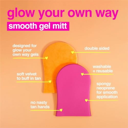 btan face amp body self tanning mitt  glow your own way smooth gel glove - sunless tan applicator streak-free even application double sided reusable great for cream lotion suncreen