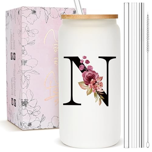 Personalized Gifts for Women, Monogrammed Frosted Glass Tumbler with Straw and Lid, Cute...