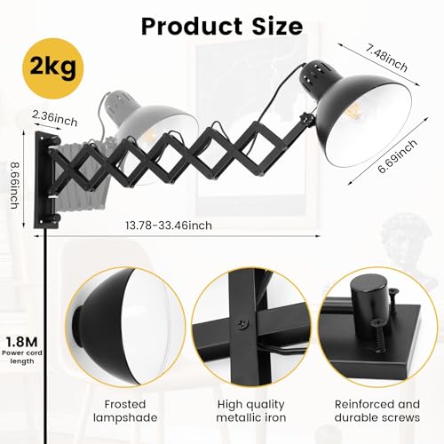 Iluminación de pared negro con brazo extensible e interruptor 6