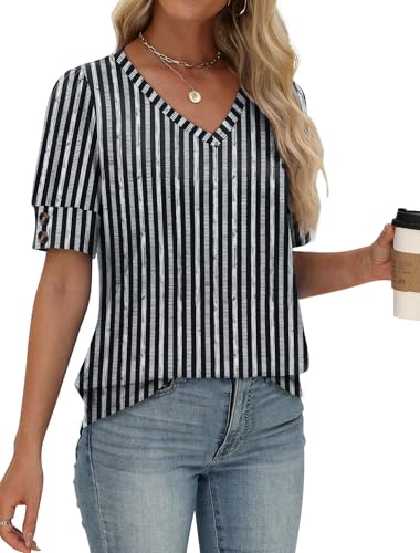 Image of OFEEFAN Womens Tops Short Sleeve Shirts Buttons V Neck Spring Fashion Summer Outfits Plus Size Blouses Dressy Casual