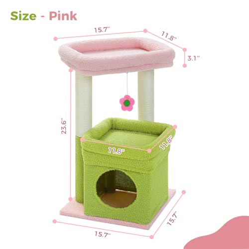 PEQULTI Cat Tree Flower Cat Tower for Indoor Cats with Private Cozy Cat Condo, Natural Sisal Scratching Posts and Plush Pom-pom for Small Cats, Pink