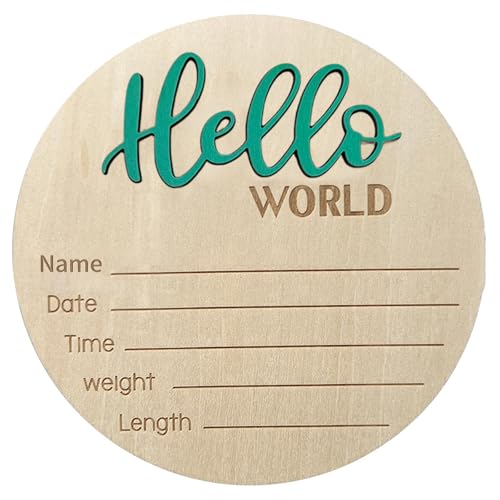 Image of Baby Announcement Sign - 5.9 Inch Wooden Hello World Newborn Welcome Plaque, Birth Announcement for Hospital, Newborn Name Sign for Photo Props, Baby Shower, Nursery (Green)