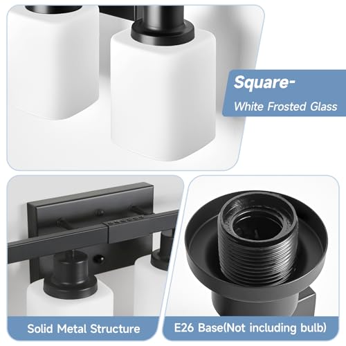 Image of 6 Light Bathroom Vanity Light, Modern Matte Black Bathroom Light Fixtures with Square Frosted Glass, Wall Sconces fixtures Over Mirror Restroom,Living Room Hallway E26